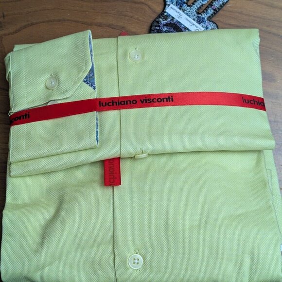 Luchiano Visconti Solid Pale Lime Mens M Button up Shirt 2-Ply Mercerized New - Picture 6 of 7